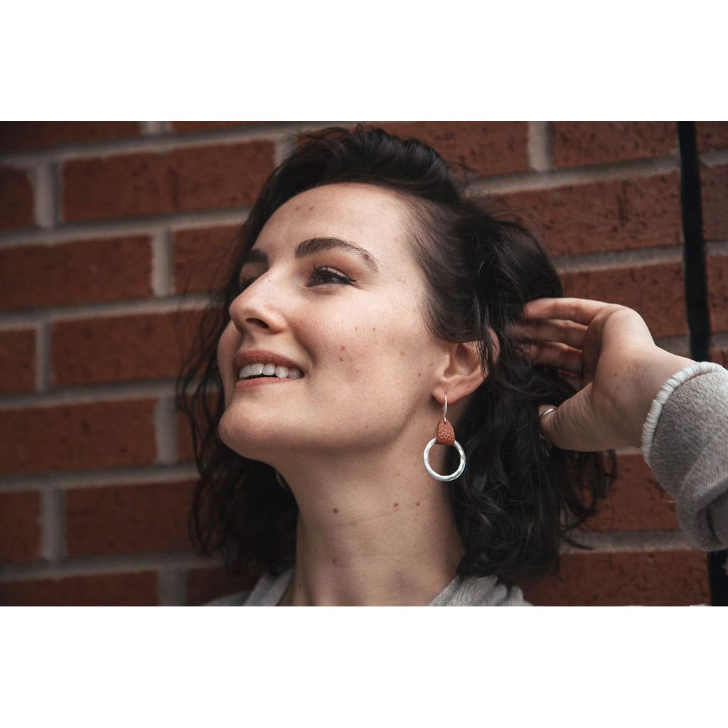 Circle Leather and Brushed Metal Earrings