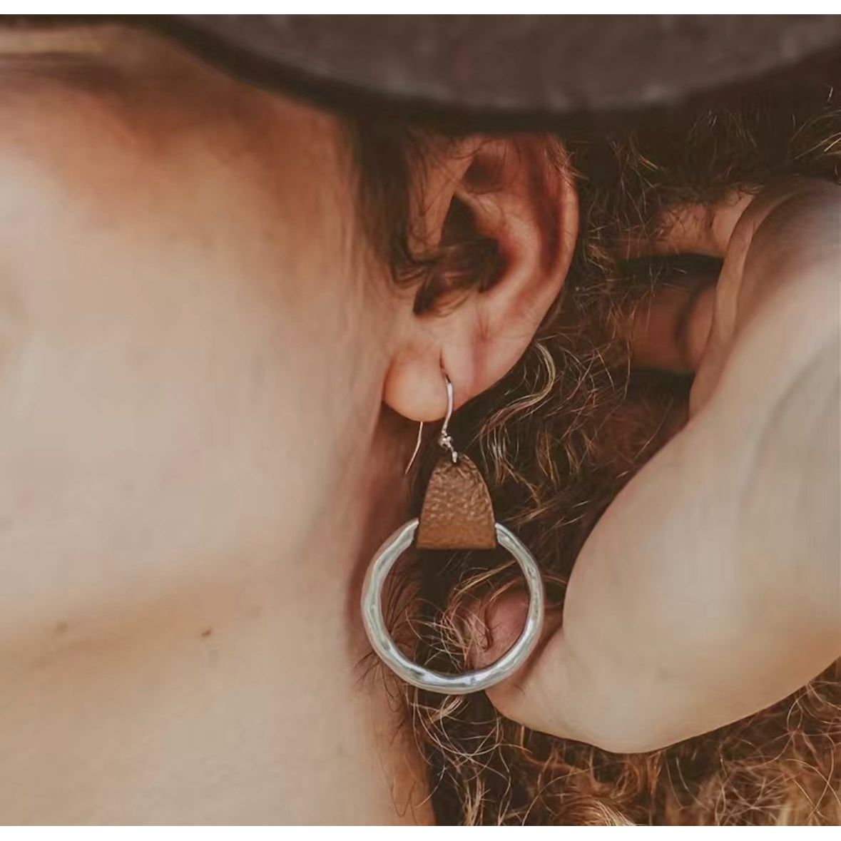 Circle Leather and Brushed Metal Earrings