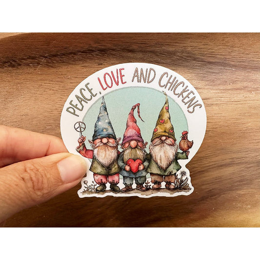 Peace, Love and Chickens | Cute Gnome Sticker