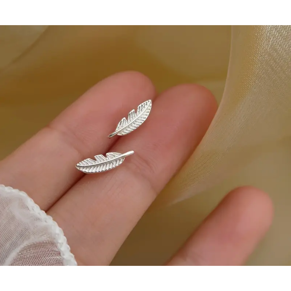 Tiny Silver Feather Stud Earrings
