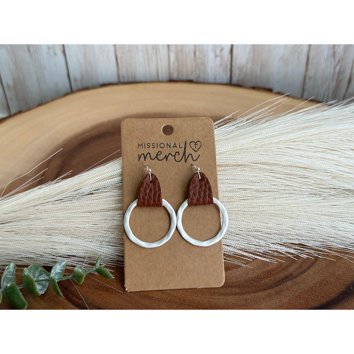 Circle Leather and Brushed Metal Earrings