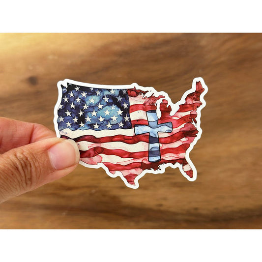 Watercolor American Flag Map with Cross Sticker