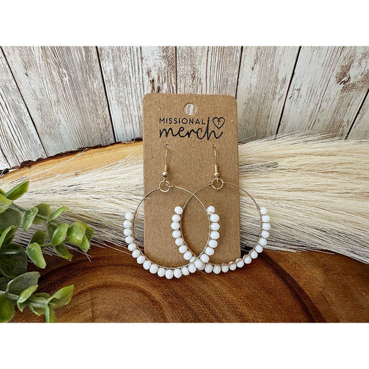 White Glass Beaded Hoop Earrings