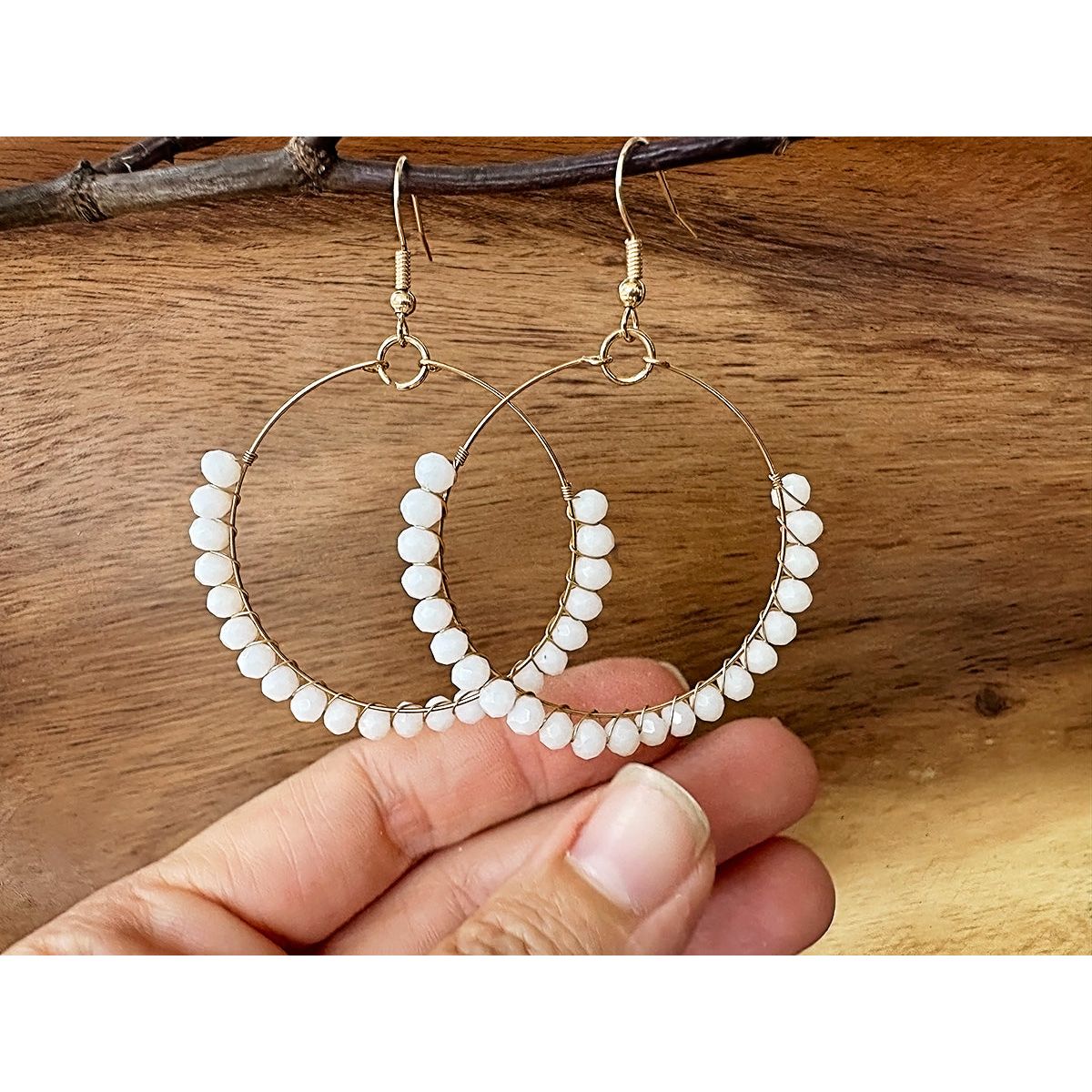White Glass Beaded Hoop Earrings