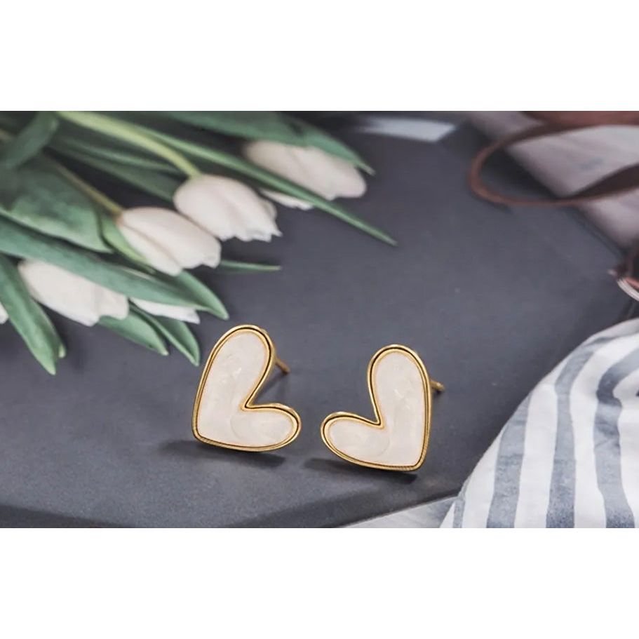 White Heart & Gold Stud Earrings