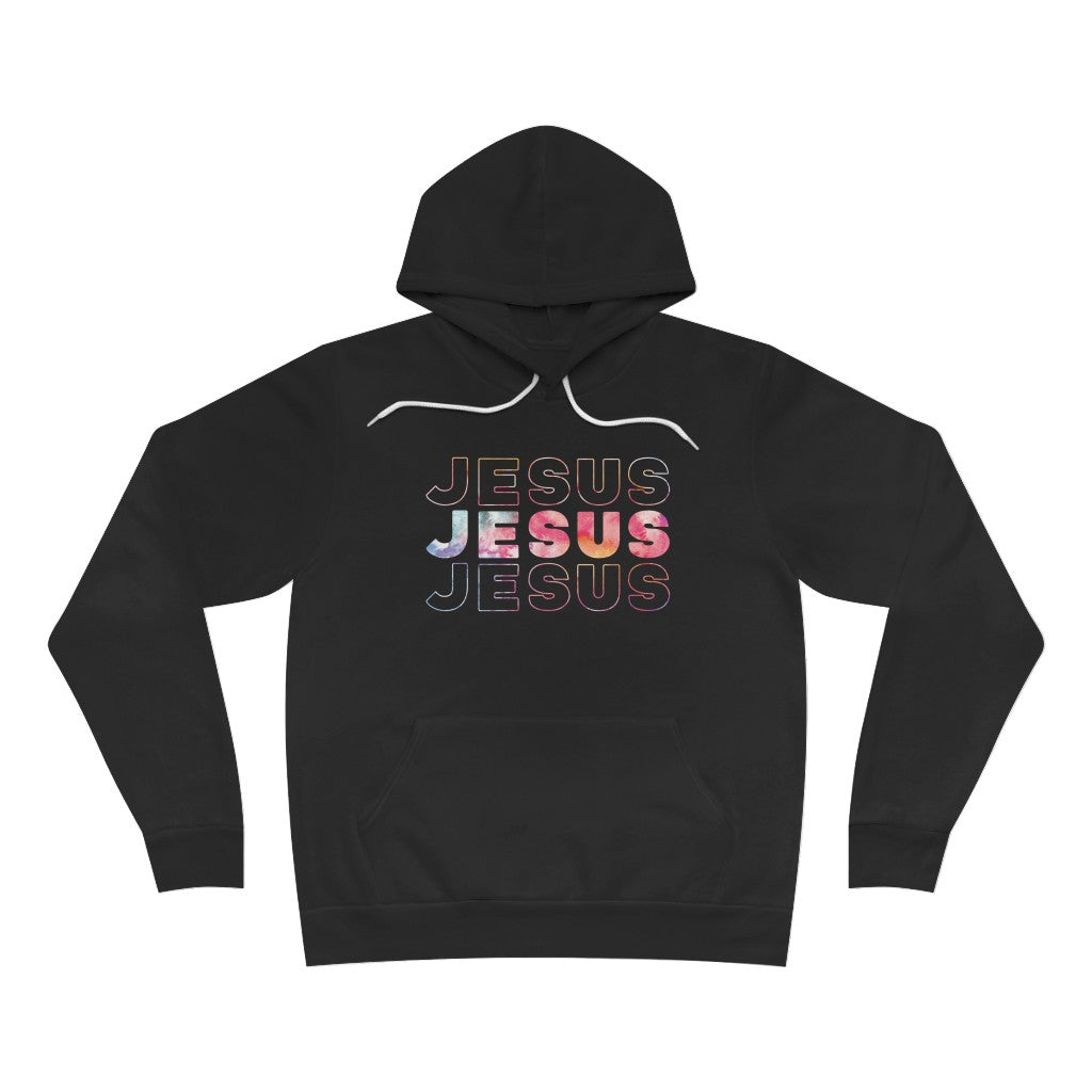 Jesus, Jesus, Jesus (Multicolored Text) | Premium Sponge Fleece Pullover Hoodie