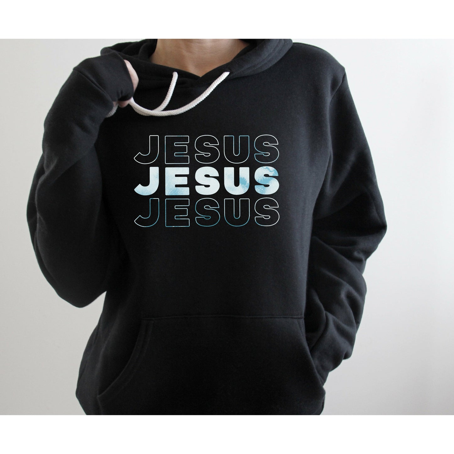 Jesus, Jesus, Jesus (Blue Watercolor Text) | Premium Sponge Fleece Pullover Hoodie