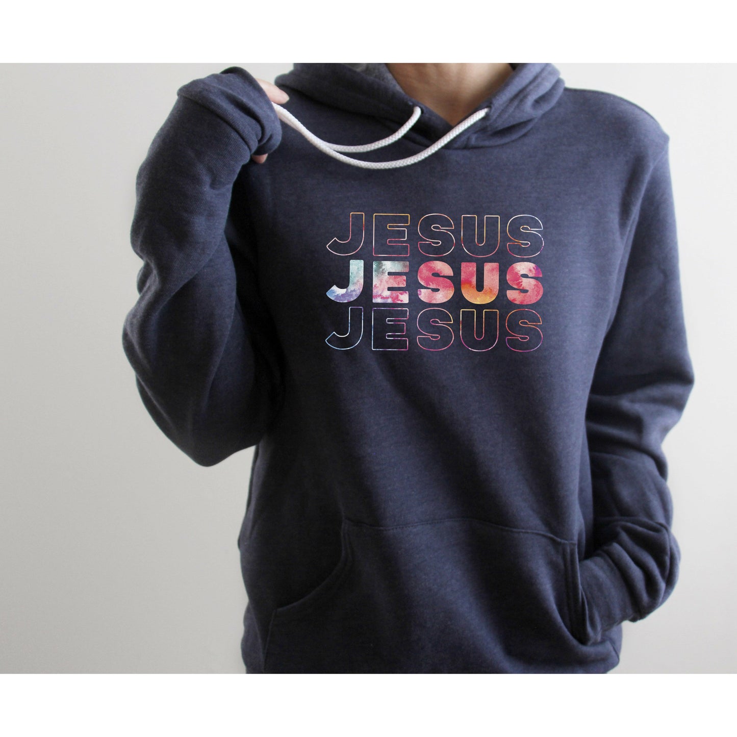 Jesus, Jesus, Jesus (Multicolored Text) | Premium Sponge Fleece Pullover Hoodie