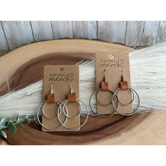 Double Circle Bronze or Silver and Leather Earrings