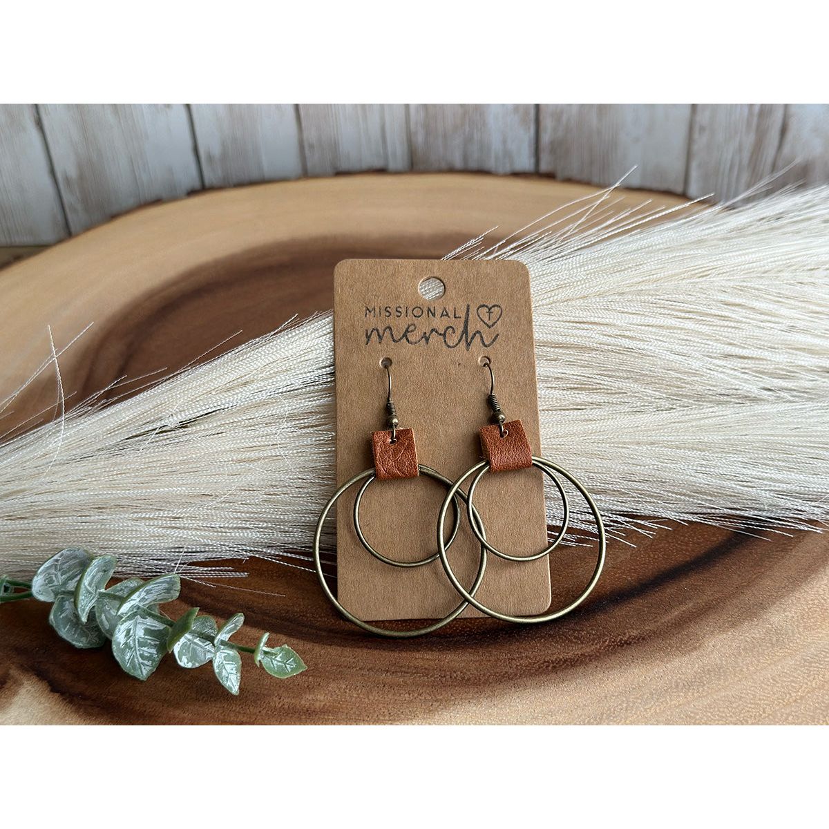 Double Circle Bronze or Silver and Leather Earrings