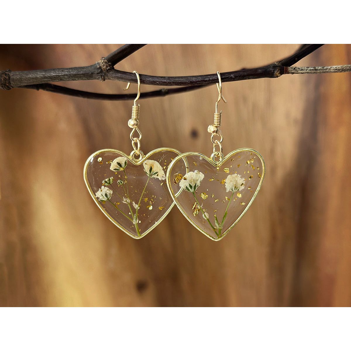 Delicate Dried Flower Heart Earrings