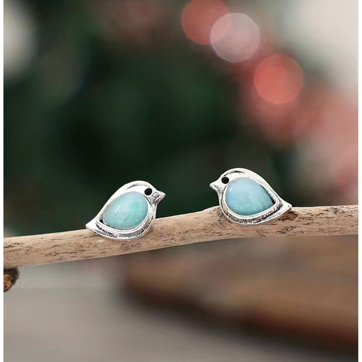 Cute Bird Stud Earrings | Silver with Blue Stone