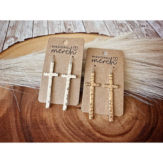 Long Cross Earrings | Hammered Gold or Silver
