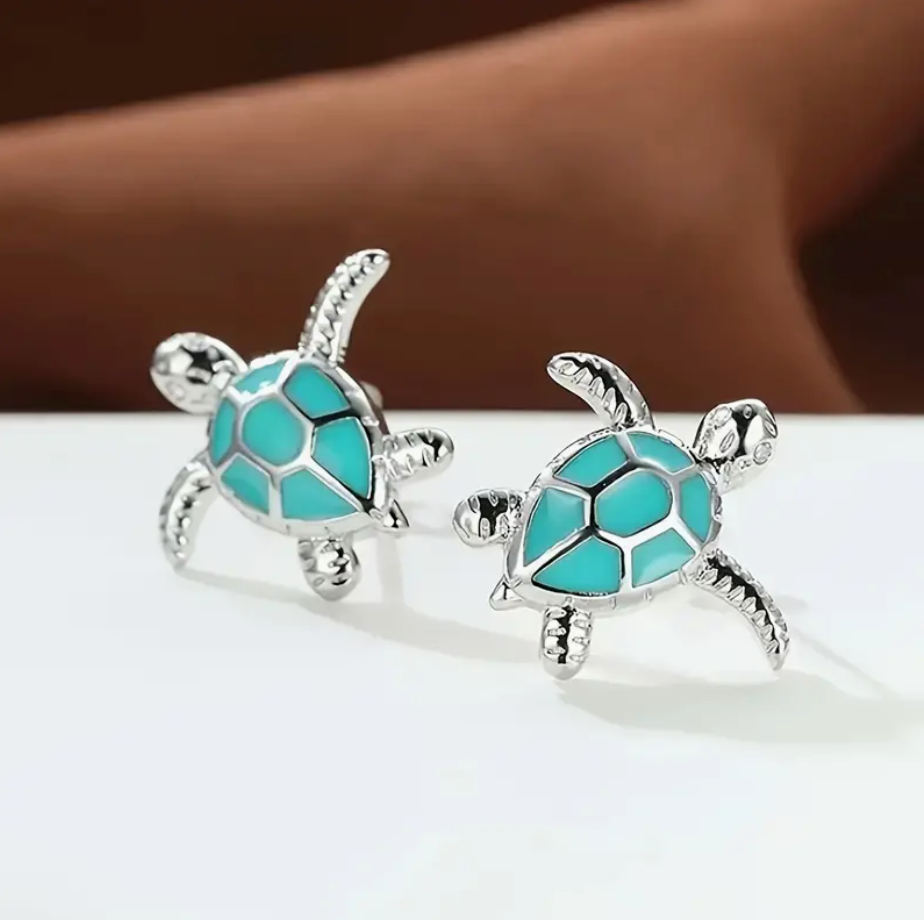 Cute Sea Turtle Stud Earrings | Silver and Turquoise