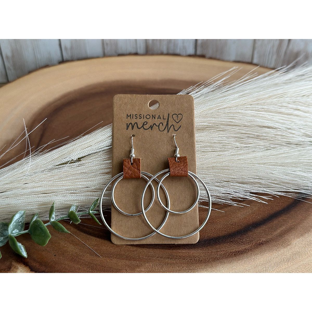 Double Circle Bronze or Silver and Leather Earrings