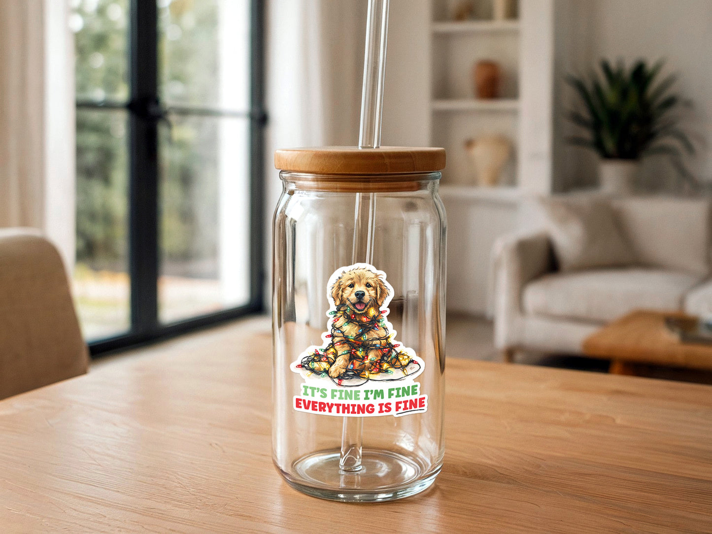 Everything is Fine | Dog with Christmas Lights | Funny Christmas Sticker