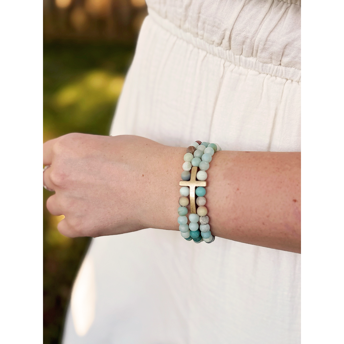 Stacked Amazonite Bracelet with Hammered Gold Cross