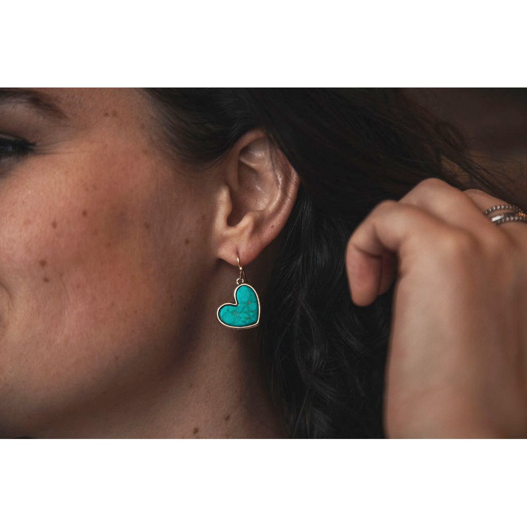 Natural Stone Inlaid Turquoise Heart Statement Earrings