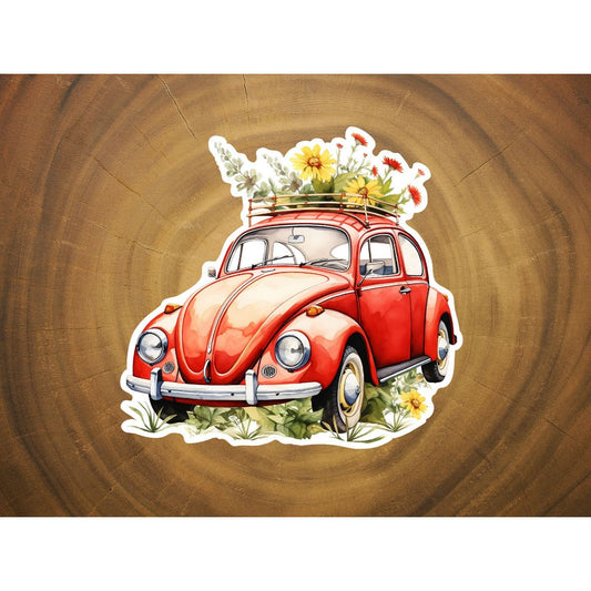 VW Beetle with Flowers | Cute Vinyl Sticker