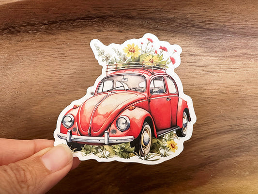 VW Beetle with Flowers | Cute Vinyl Sticker