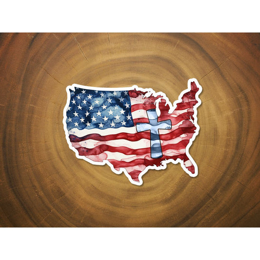 Watercolor American Flag Map with Cross Sticker