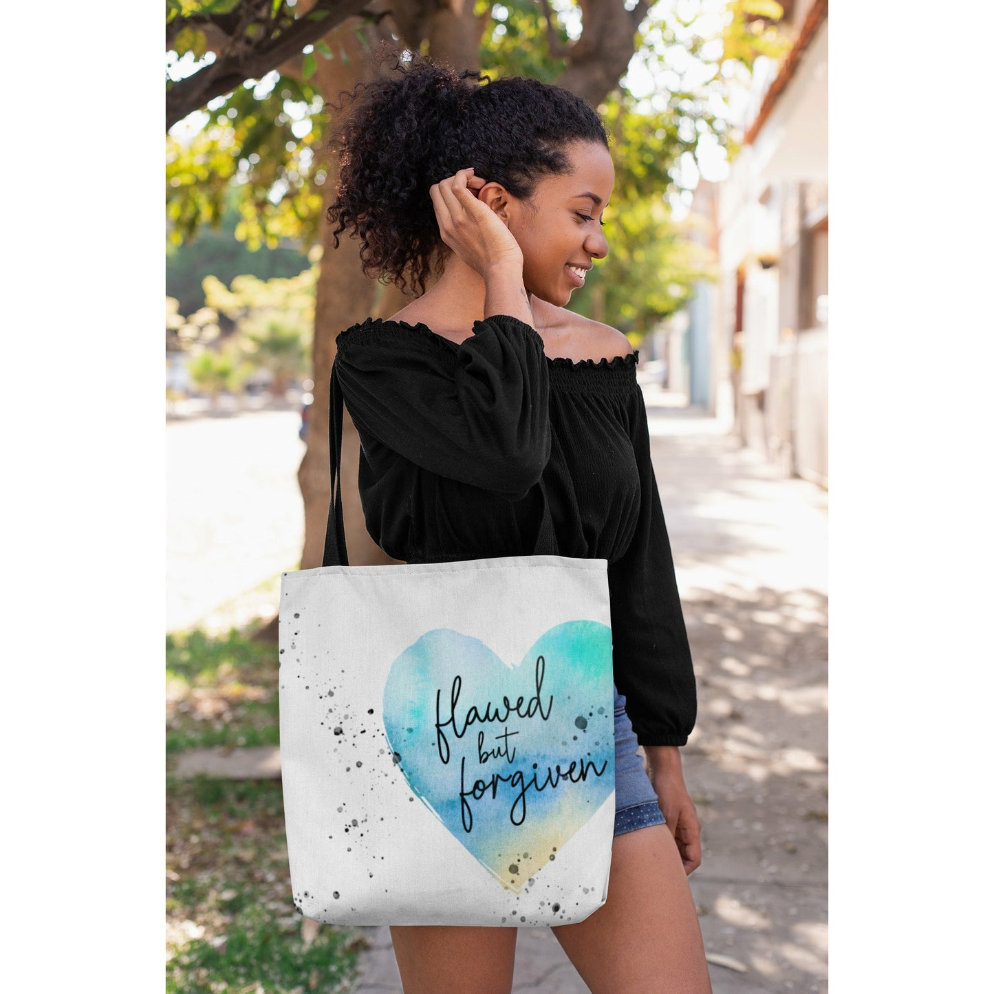 Flawed But Forgiven | Watercolor Heart Tote Bag for Women