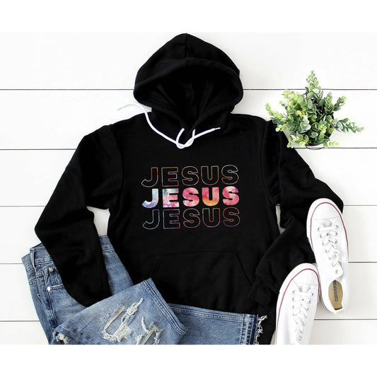 Jesus, Jesus, Jesus (Multicolored Text) | Premium Sponge Fleece Pullover Hoodie