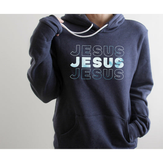 Jesus, Jesus, Jesus (Blue Watercolor Text) | Premium Sponge Fleece Pullover Hoodie