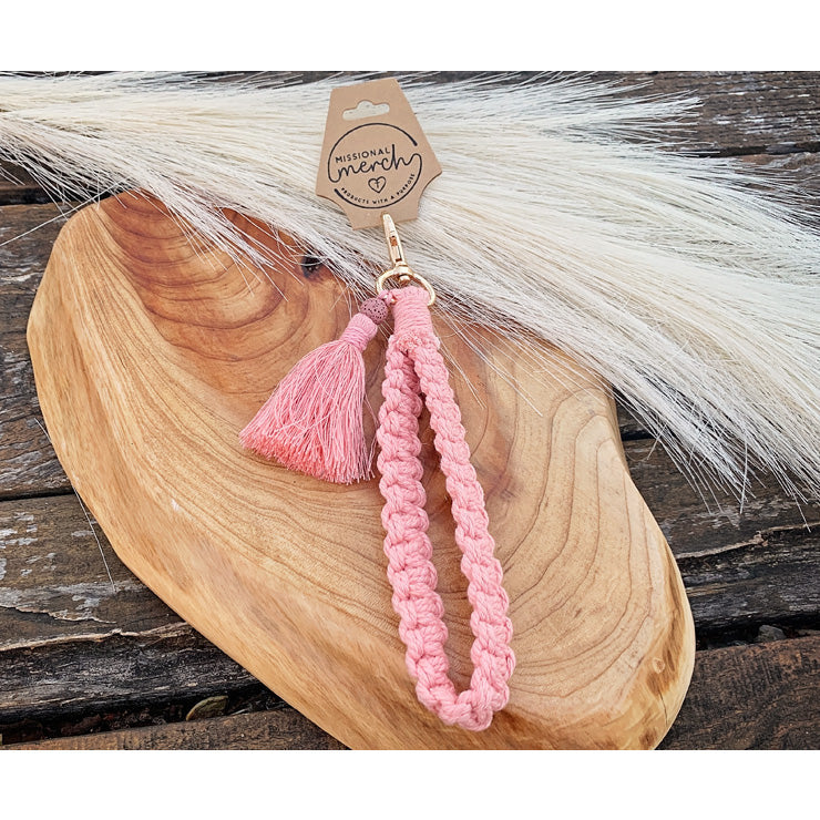 Macrame Wristlet Keychain with Essential Oil Diffuser Bead and Tassle