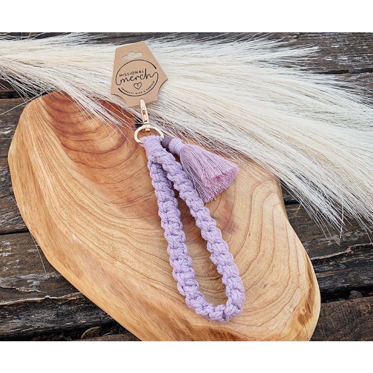 Macrame Wristlet Keychain with Essential Oil Diffuser Bead and Tassle