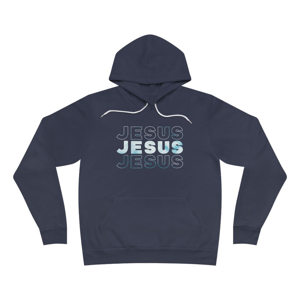Jesus, Jesus, Jesus (Blue Watercolor Text) | Premium Sponge Fleece Pullover Hoodie